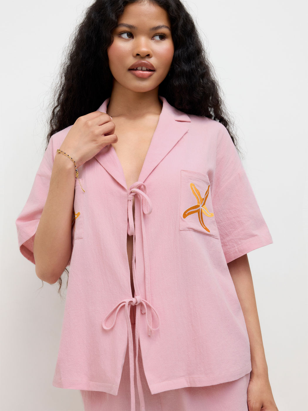 100% Cotton Starfish Embroidery Tie Front Shirt