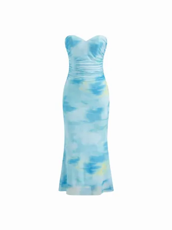 Mesh Illusion Ruched Bandeau Maxi Dress