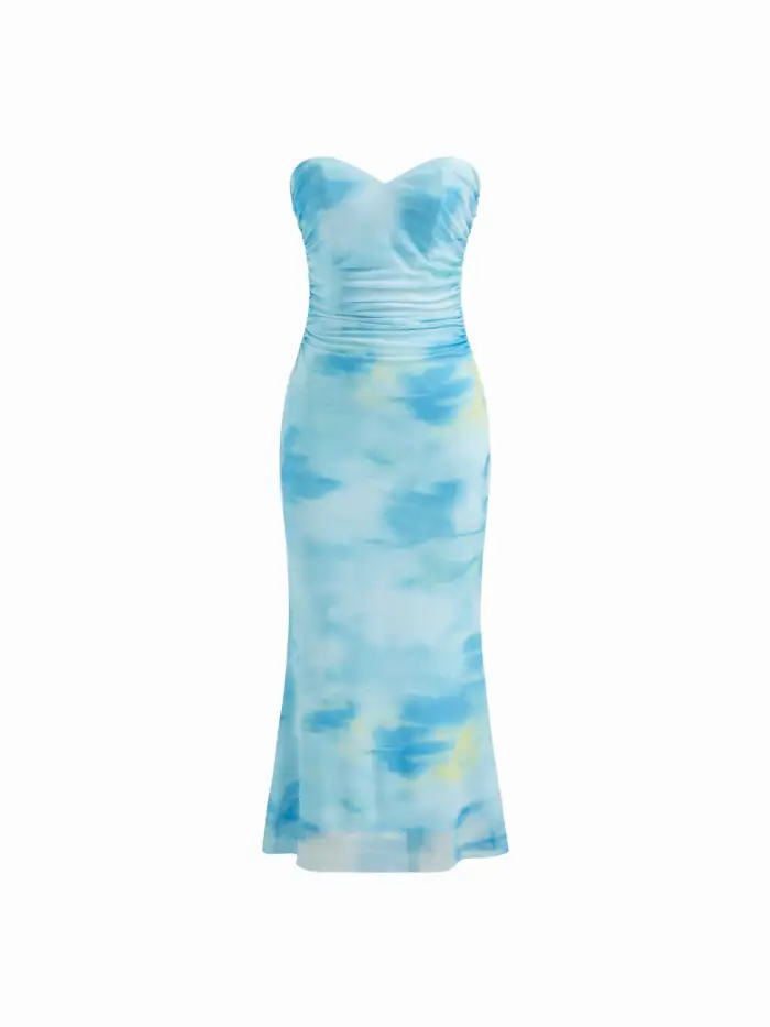 Mesh Asymmetrical Neck Illusion Ruched Maxi Dress