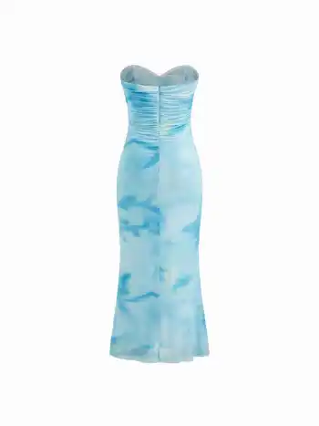 Mesh Illusion Ruched Bandeau Maxi Dress