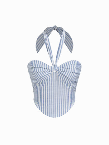 Cotton-blend Two Way Stripe Knotted Shirred Bandeau Top