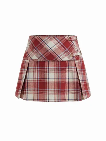Tief sitzende karierte Knopf-Mini-Pleat-Skirt
