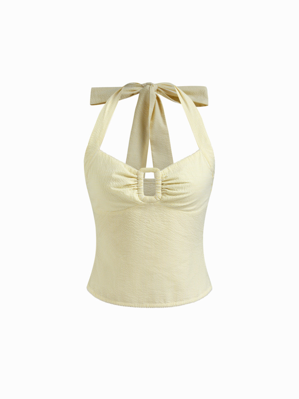Top corto con scollo all'americana a righe con fiocco e cut-out in misto cotone