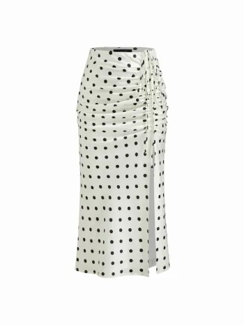 Midi-Skirt mit Mittelhöhe, Polka-Dots, Rüschen, Knoten und Schlitz