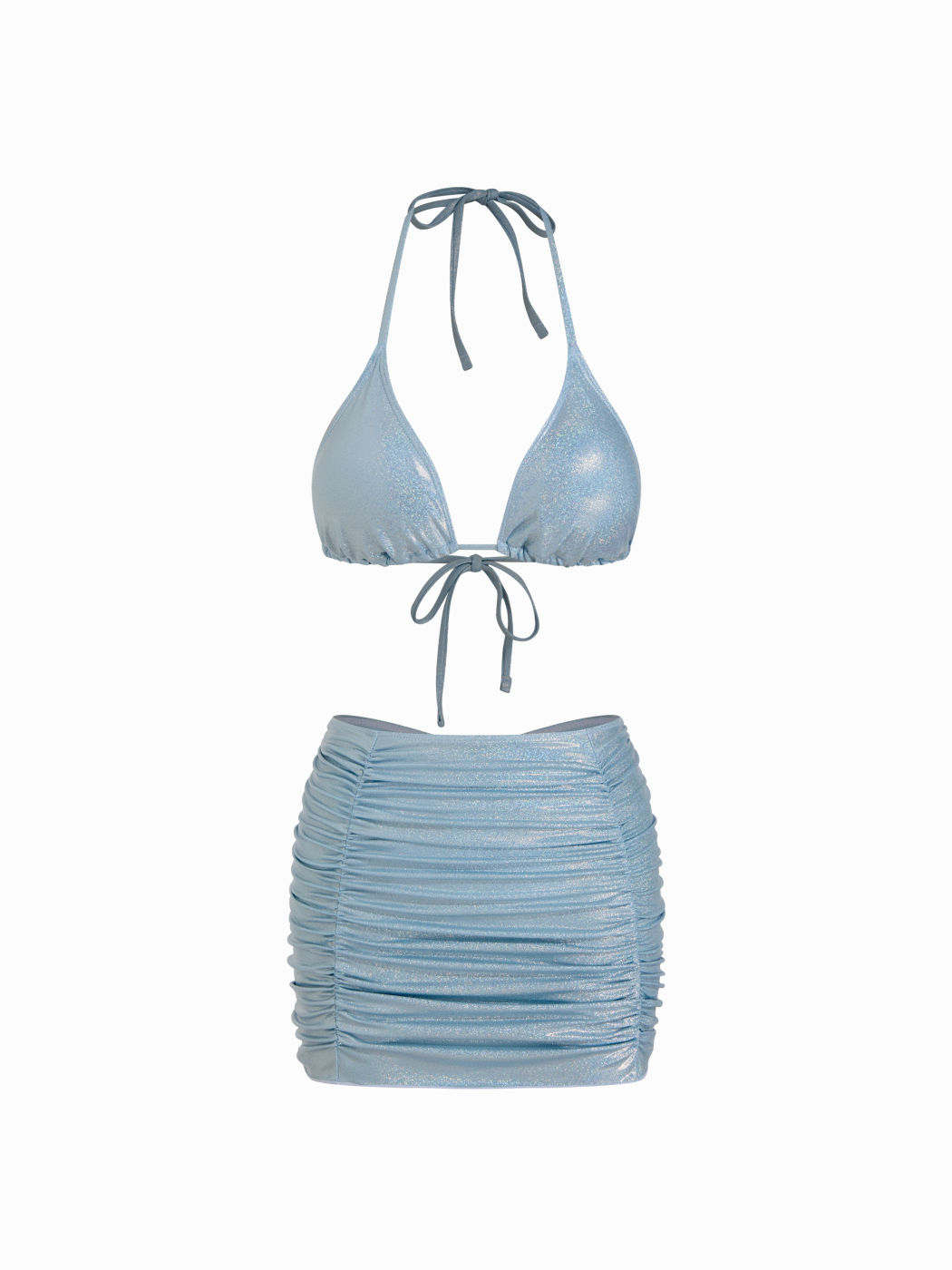 V-neck Halter Sequin Cheeky Bikini Set With Ruched Beach Skirt