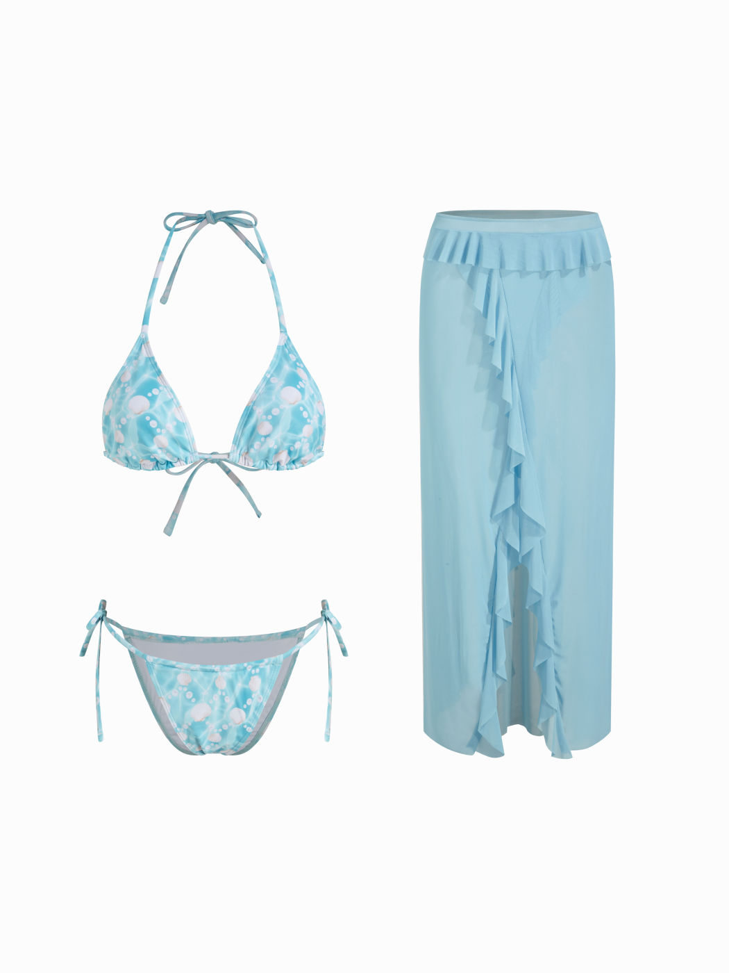 V-neck Halter Shell Graphic Tie Side Bikini Set With Beach Skirt