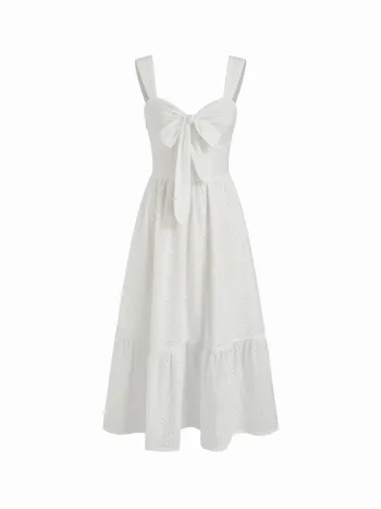 Baumwoll-Broderie-Anglaise Blumen-Bowschleife Maxikleid