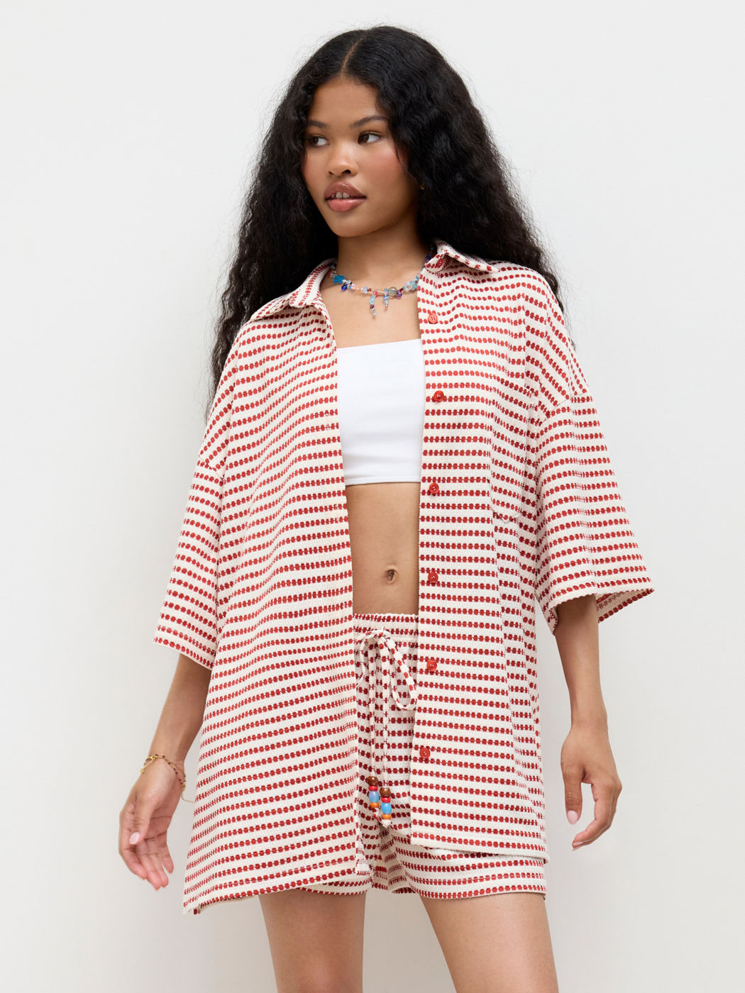 Collar Stripe Button Through Short Sleeve Shirt