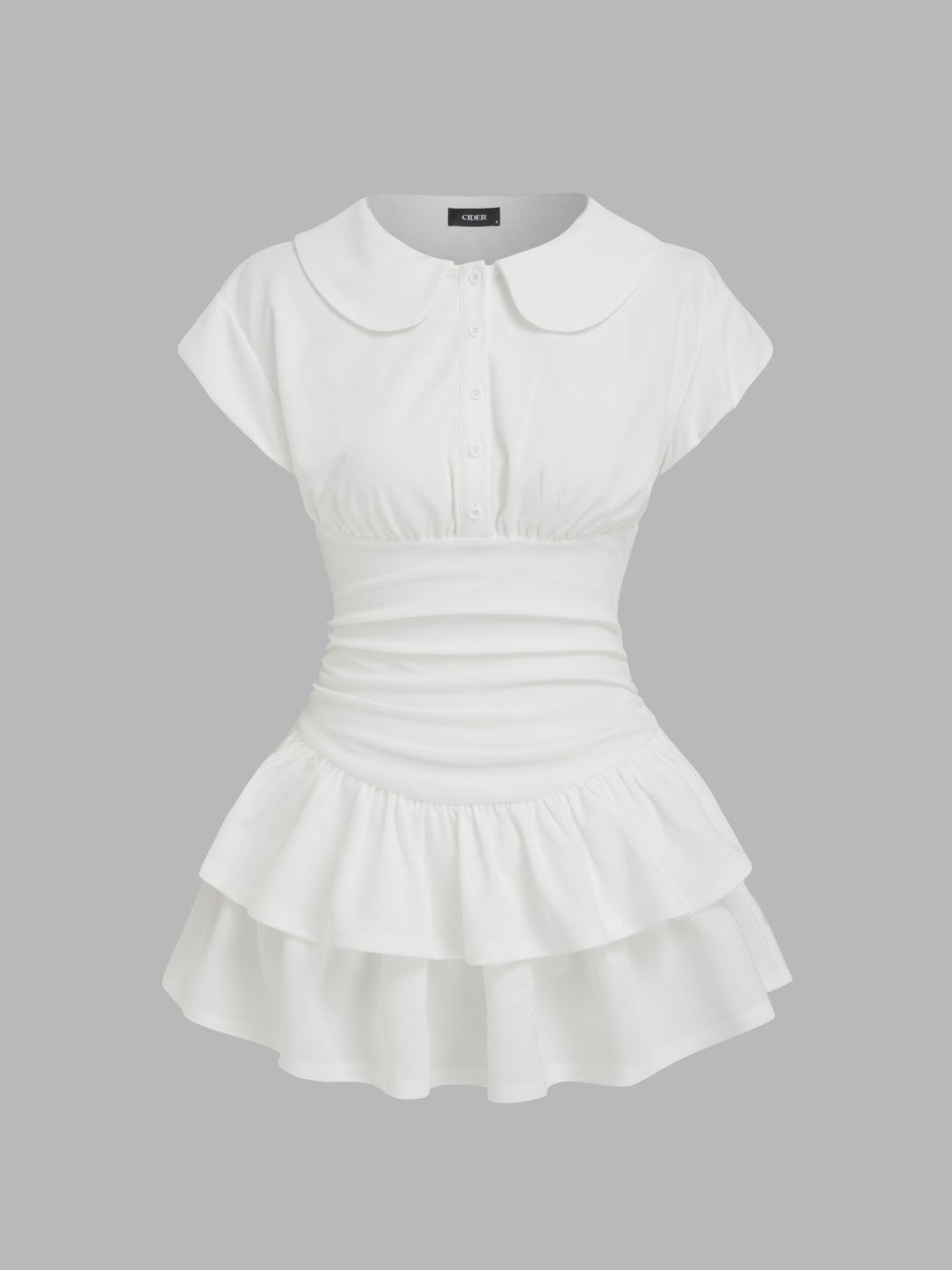Peter-Pan-Kragen, gerucherte Rüschen, geschichtetes Mini-Kleid