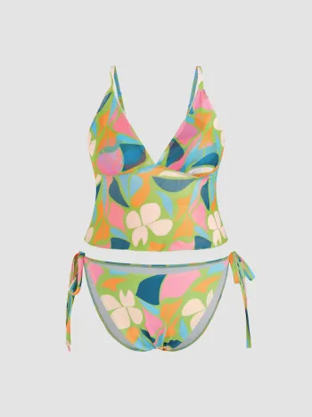 V-Ausschnitt Abstraktes Tankini Bikini-Set mit Seidenbändern Kurve & Plus