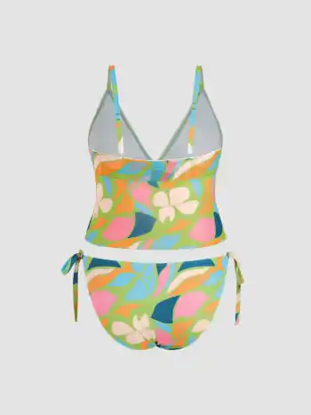 V-Ausschnitt Abstraktes Tankini Bikini-Set mit Seidenbändern Kurve & Plus