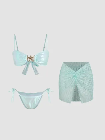 V-Ausschnitt Metall-Detail Bikiniset mit Seidenbändern und hohlem Strandrock