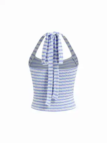 Cotton-blend Halter Neckline Stripe Texture Tank Top