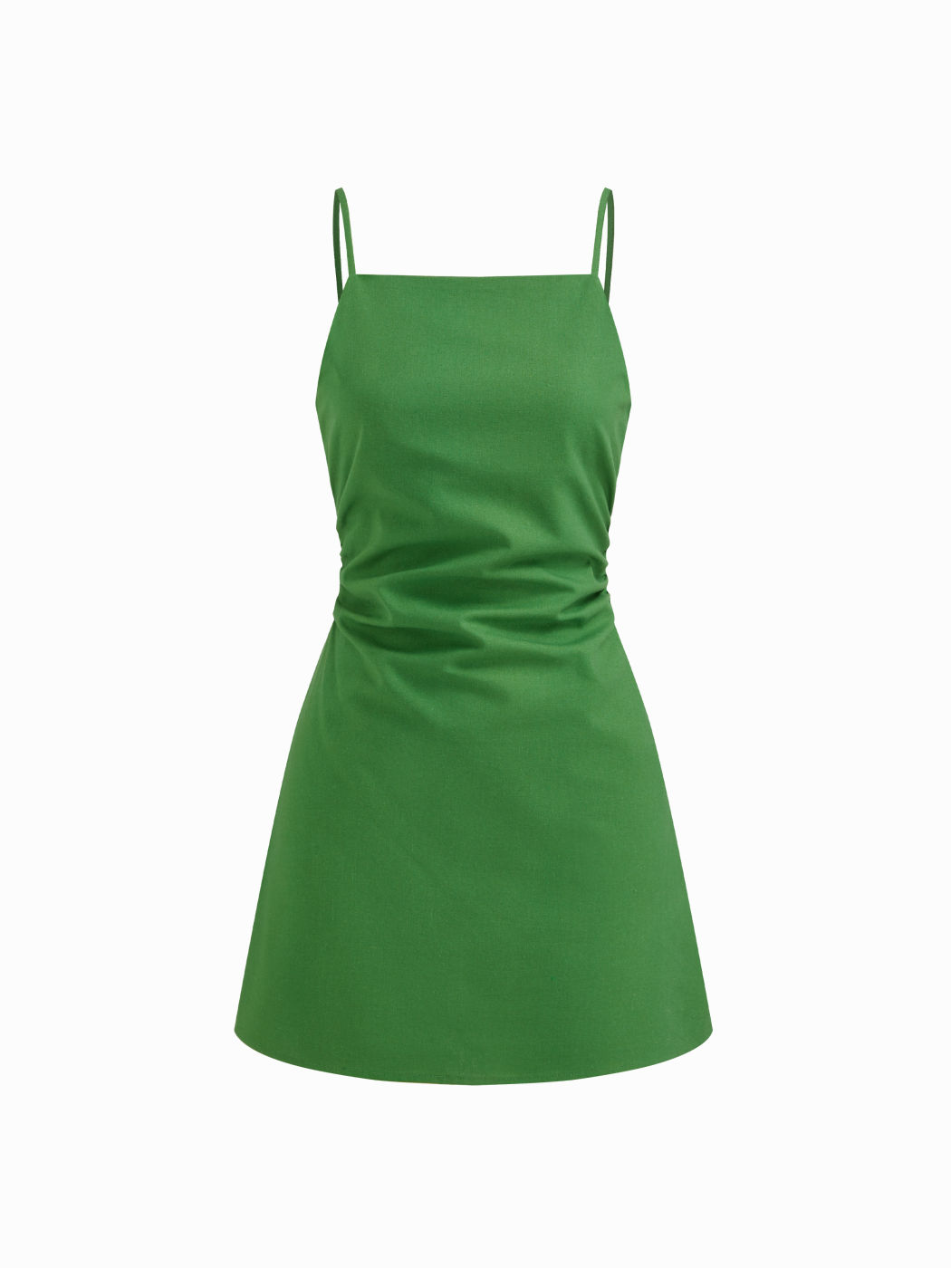 Mini abito senza schienale con ruches e perline, scollo quadrato in misto lino