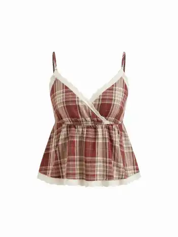 100% Baumwoll-Karo-Cami-Top mit englischer Spitze