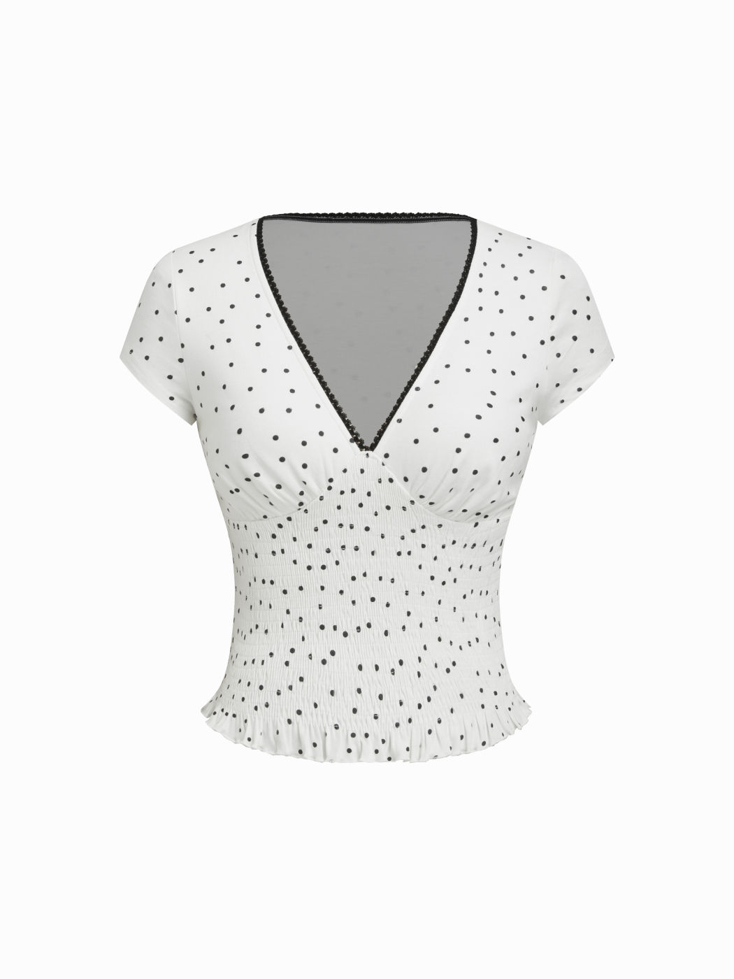 Cotton-blend V-neck Polka Dot Lace Trim Shirred Top