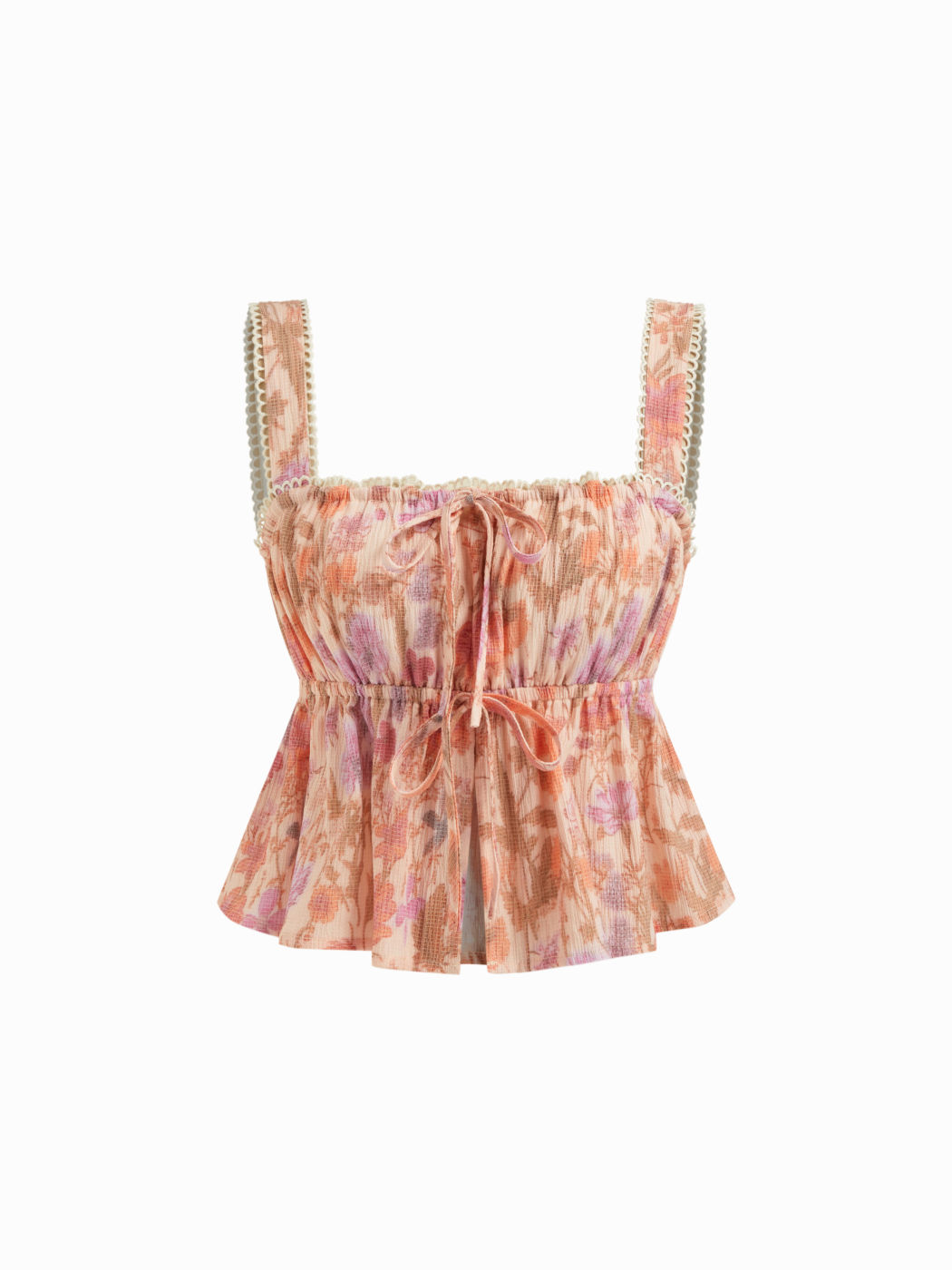 Top Cami con Scollo Quadrato, Stampa Floreale, Nodo Frontale, Volant e Arricciature