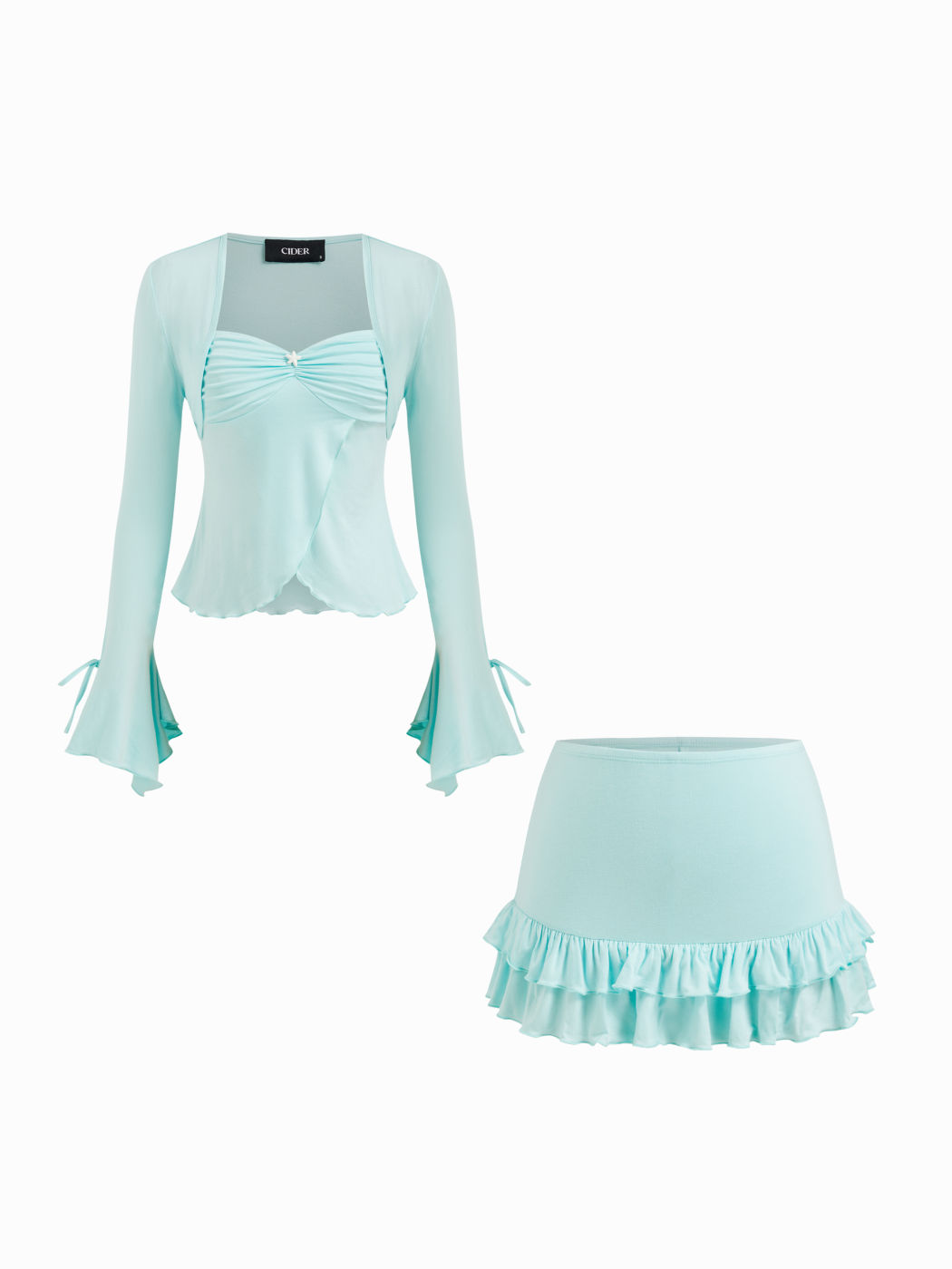 Set Top Arricciato e Annodato con Rouches a Stella Marina e Mini Gonna a Vita Media con Orlo a Lattuga