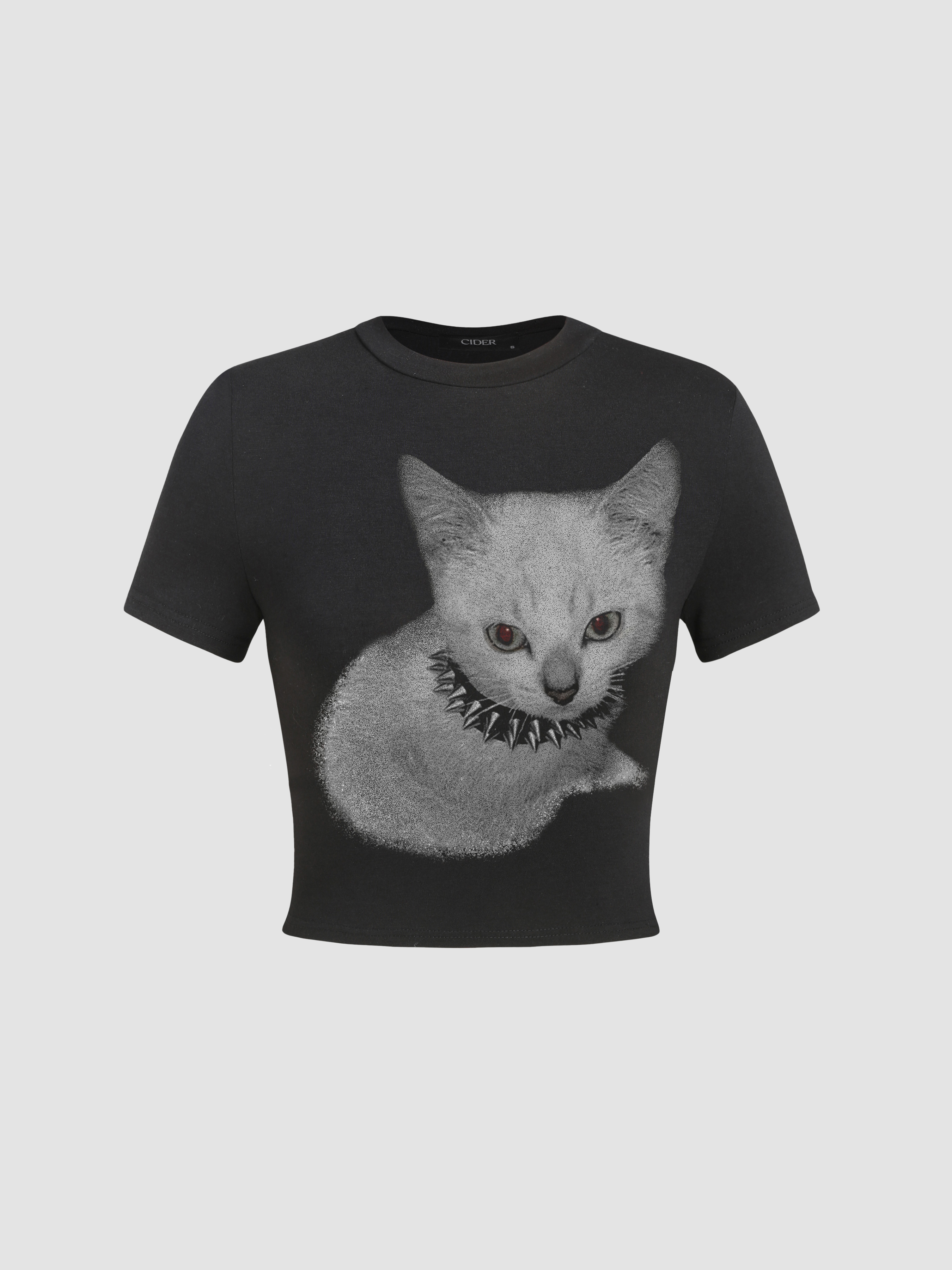 Jersey Round Neckline Cat Graphic Tee For Daily Casual