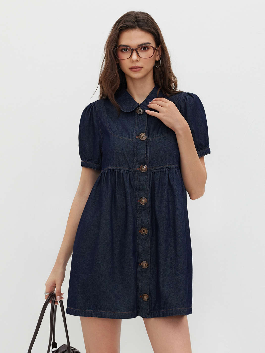 white christmas dresses Dark Denim Puff Sleeve Babydoll Dress - Mini main image 1