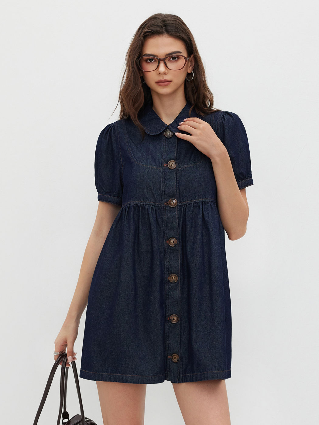 Denim Peter Pan Collar Button Puff Sleeve Mini Babydoll Dress
