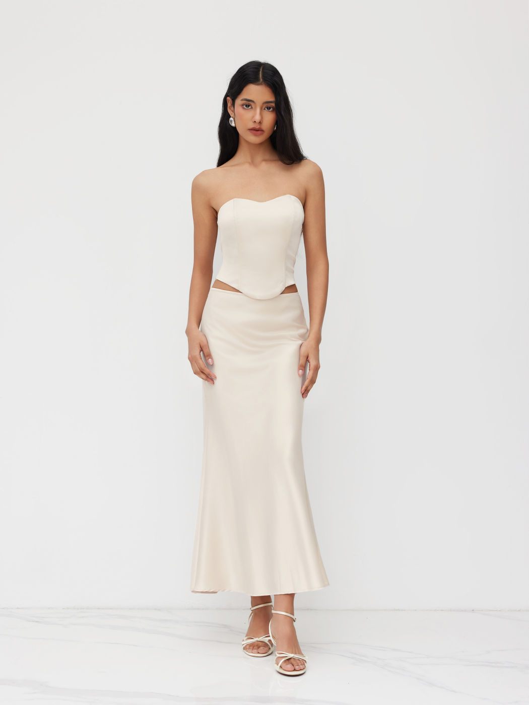 Satin Bandeau Lace Up Top & Mid Rise Mermaid Maxi Skirt Set