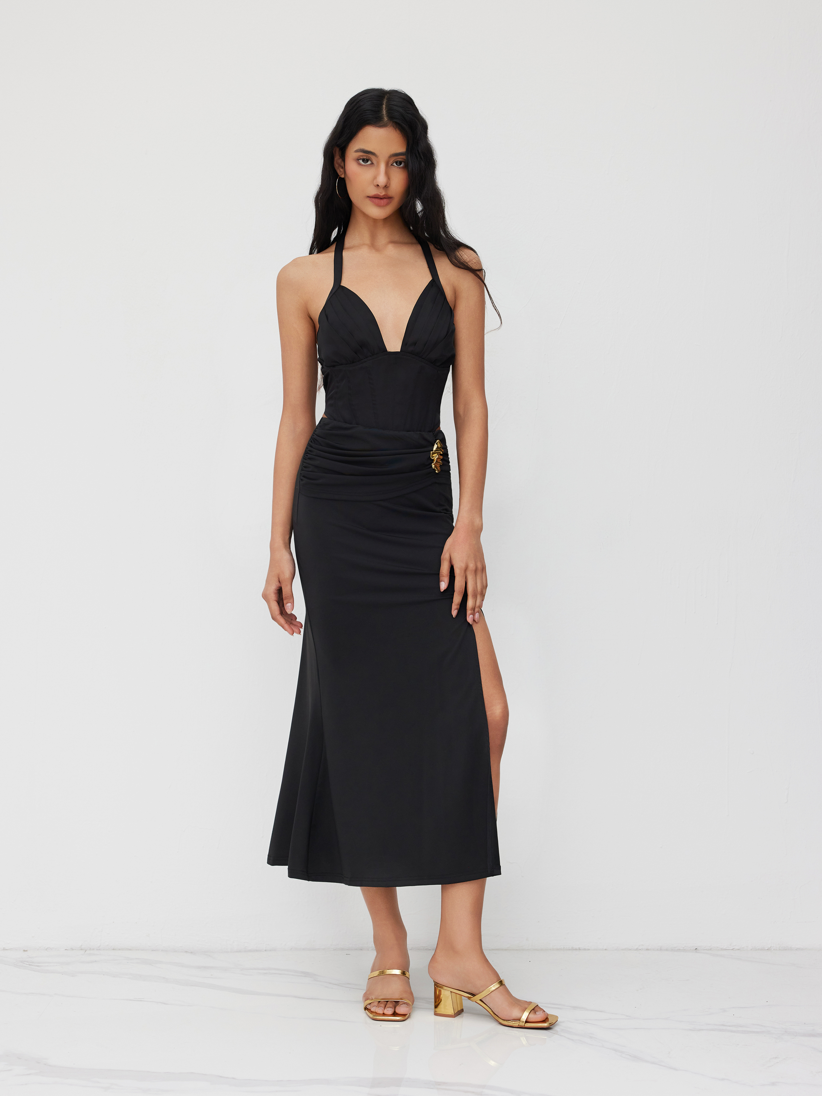 Mid Rise Split Metal Detail Ruched Midi Skirt