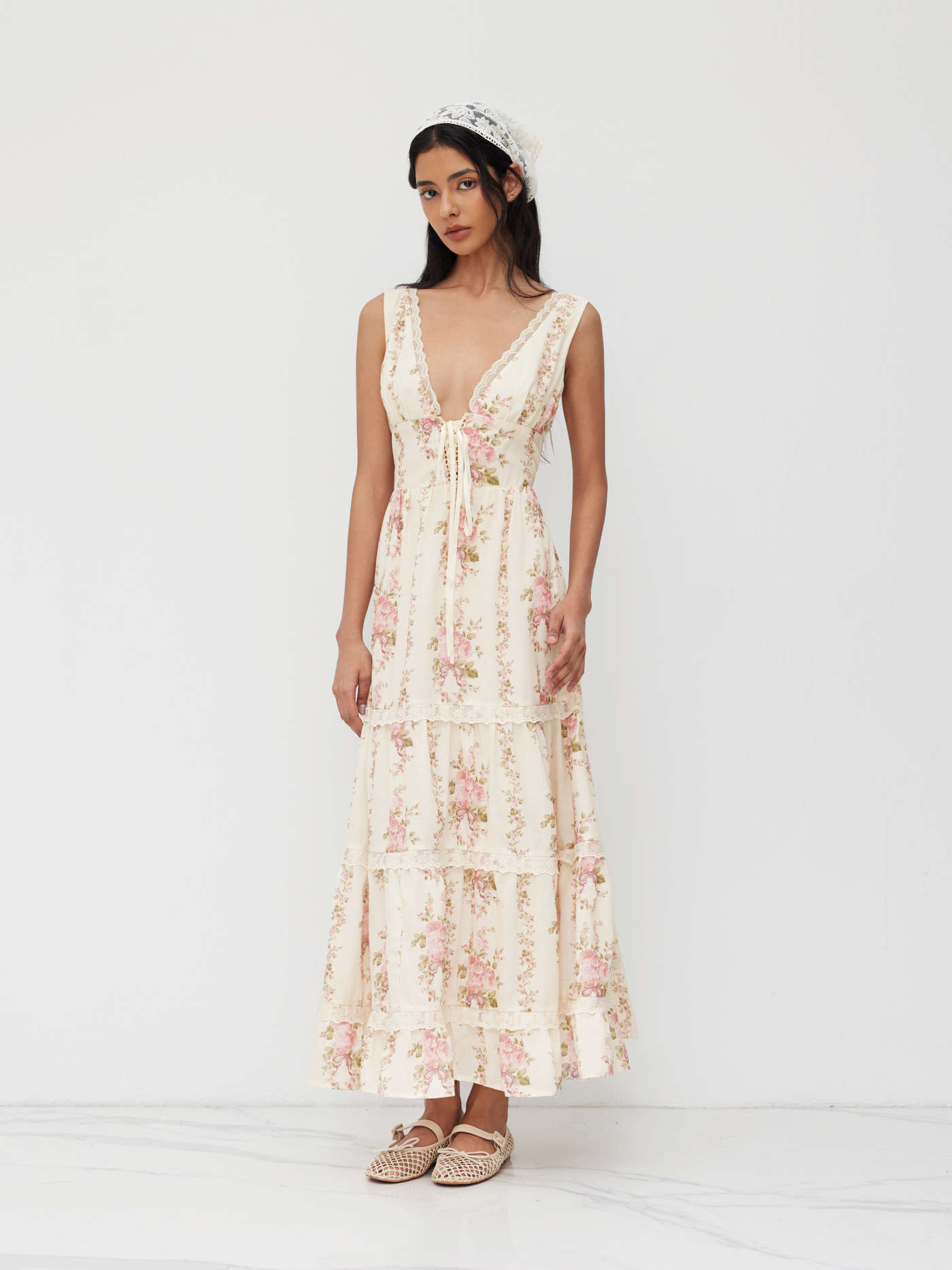 V-neck Lace Trim Floral Lace Up Layered Maxi Dress