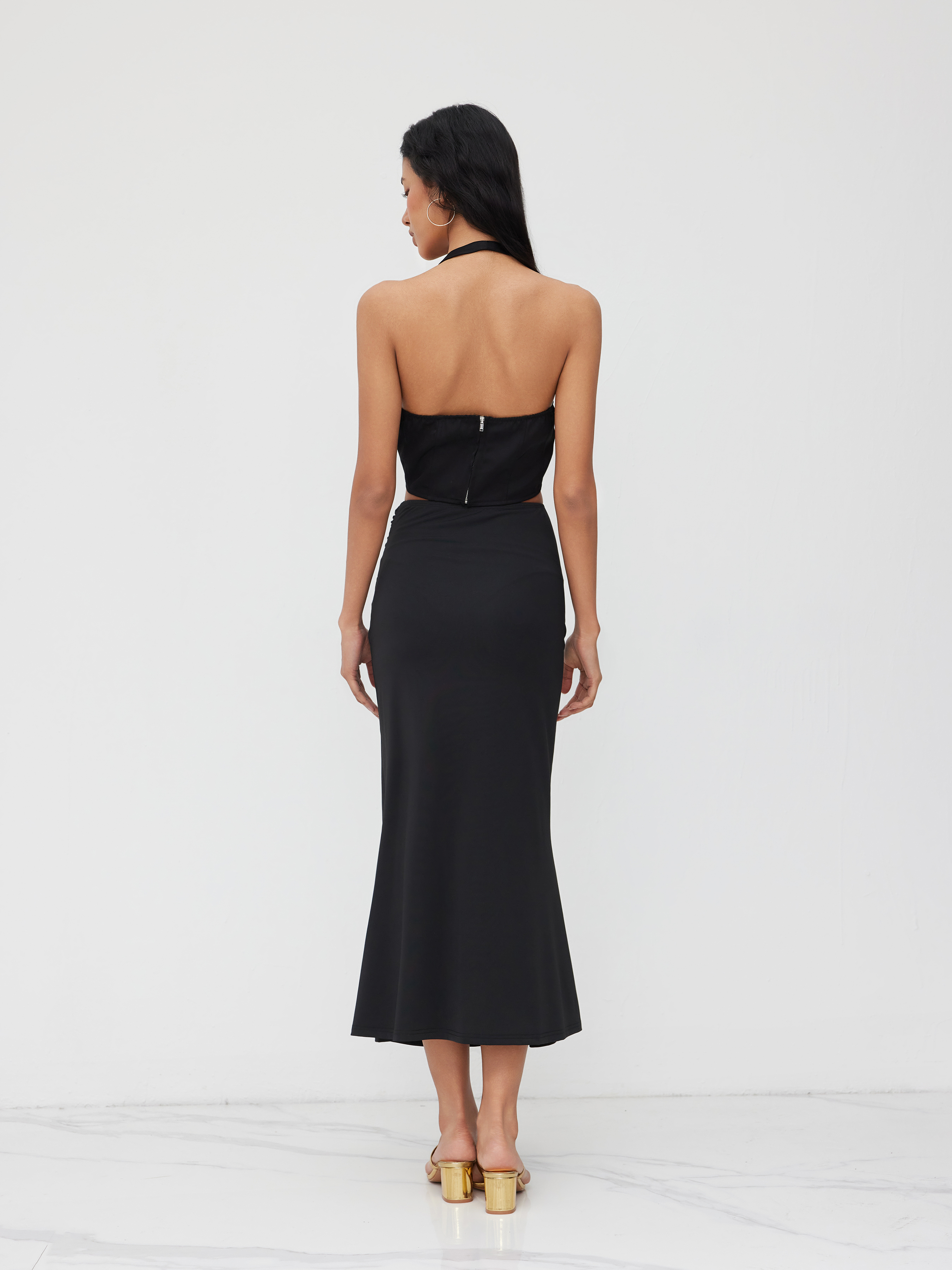 Mid Rise Split Metal Detail Ruched Midi Skirt