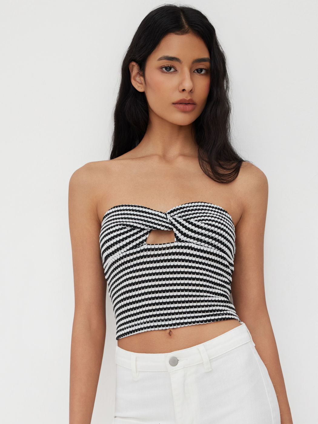 Stripes Twist Cut Out Bandeau Crop Top