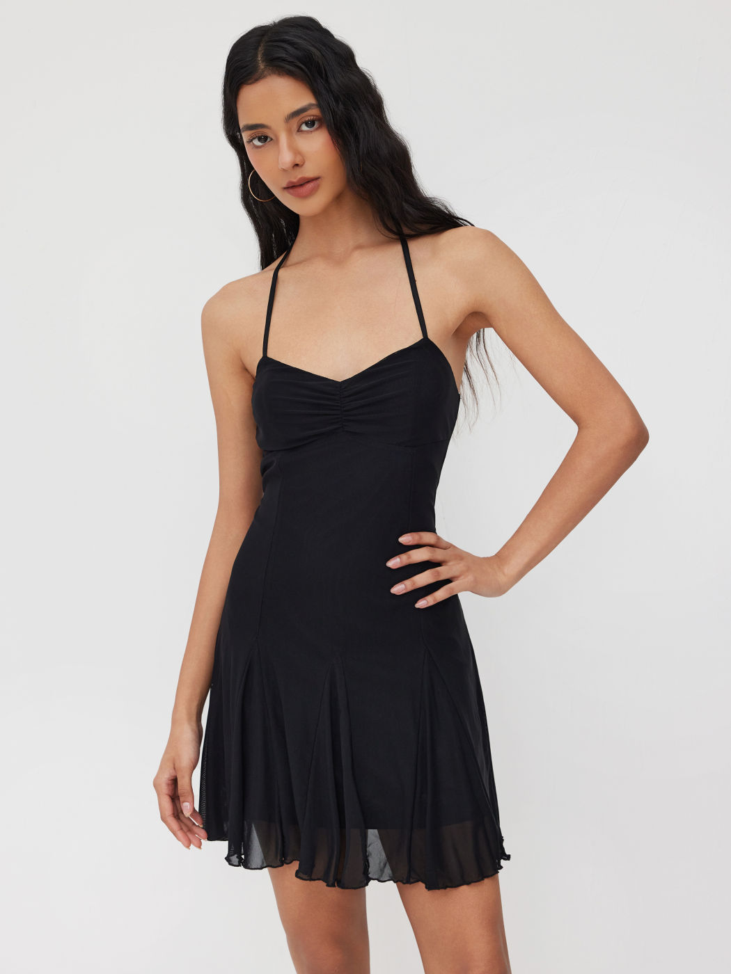 Halter Neckline Mesh Ruffle Mini Dress