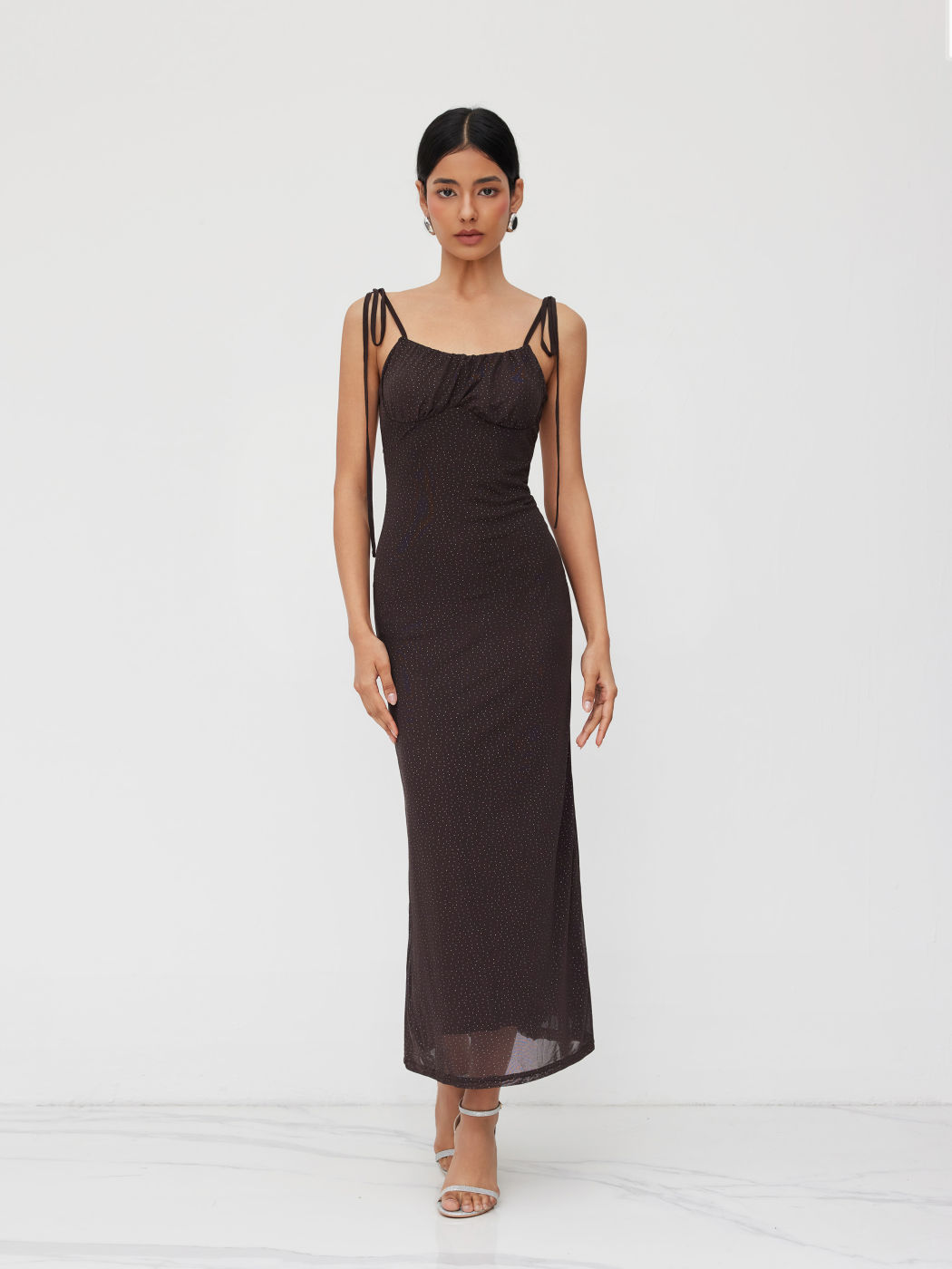 Abito Maxi Cami con Scollo all'Americana a Due Lati, Nodo, Pois, Asimmetrico, con Volant sull'Orlo