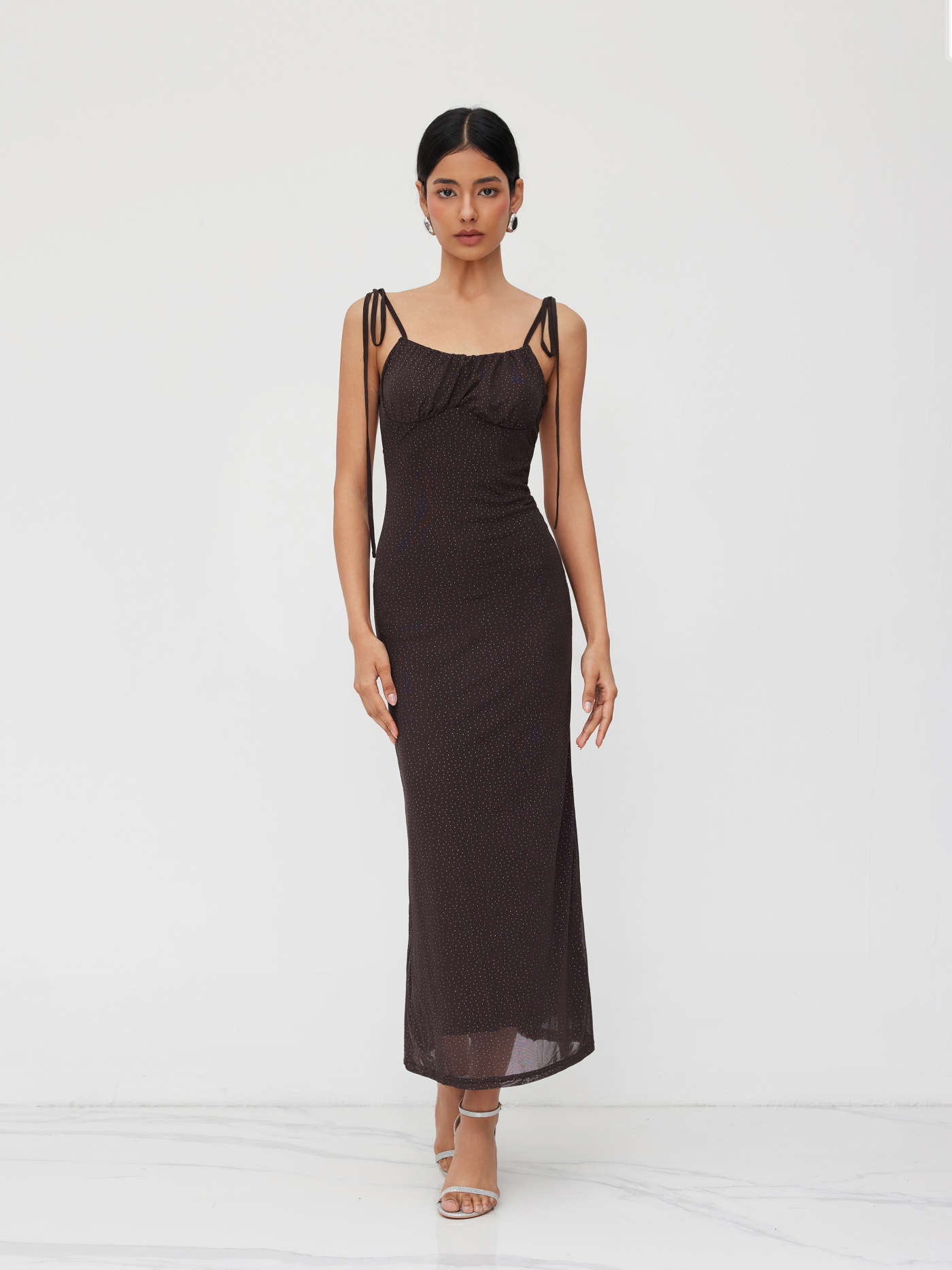 Two Way Halter Neckline Knotted Polka Dot Asymmetrical Ruffle Hem Cami Maxi Dress