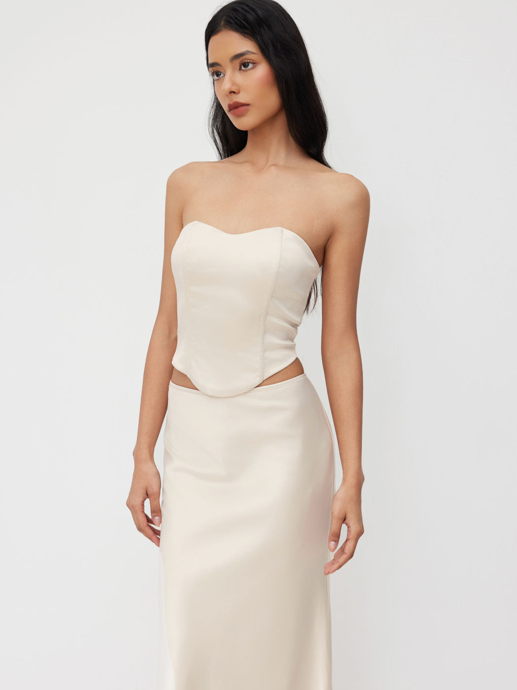 Satin Bandeau Lace Up Top & Mid Rise Mermaid Maxi Skirt Set