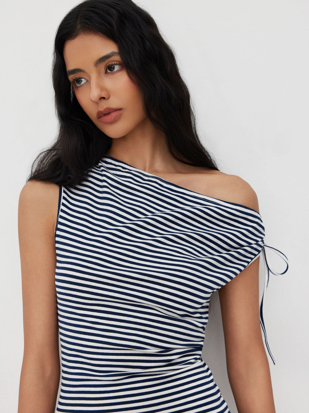 Cotton-blend Asymmetrical Neck Stripes Short Sleeve Tee