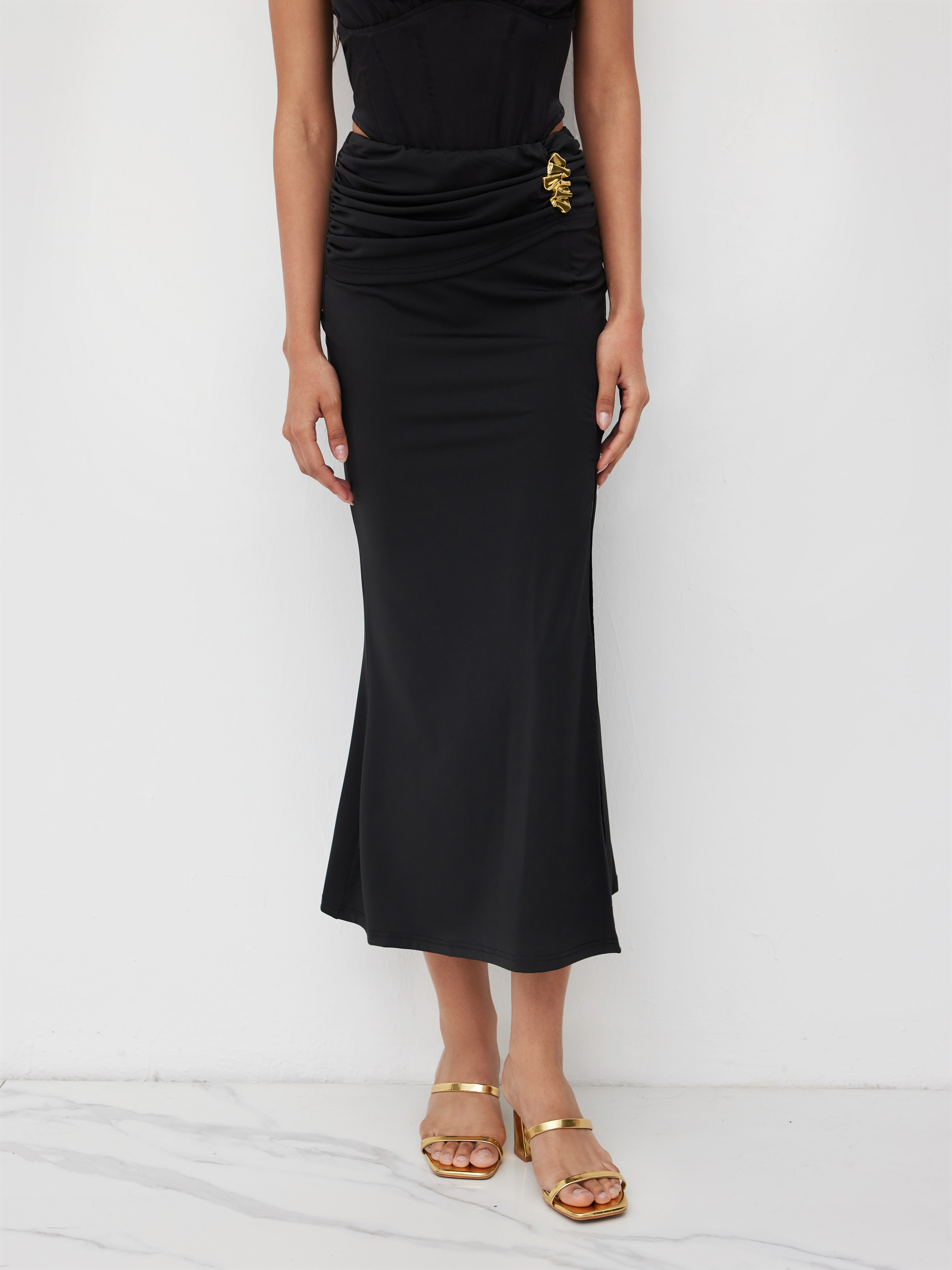 Mid Rise Split Metal Detail Ruched Midi Skirt