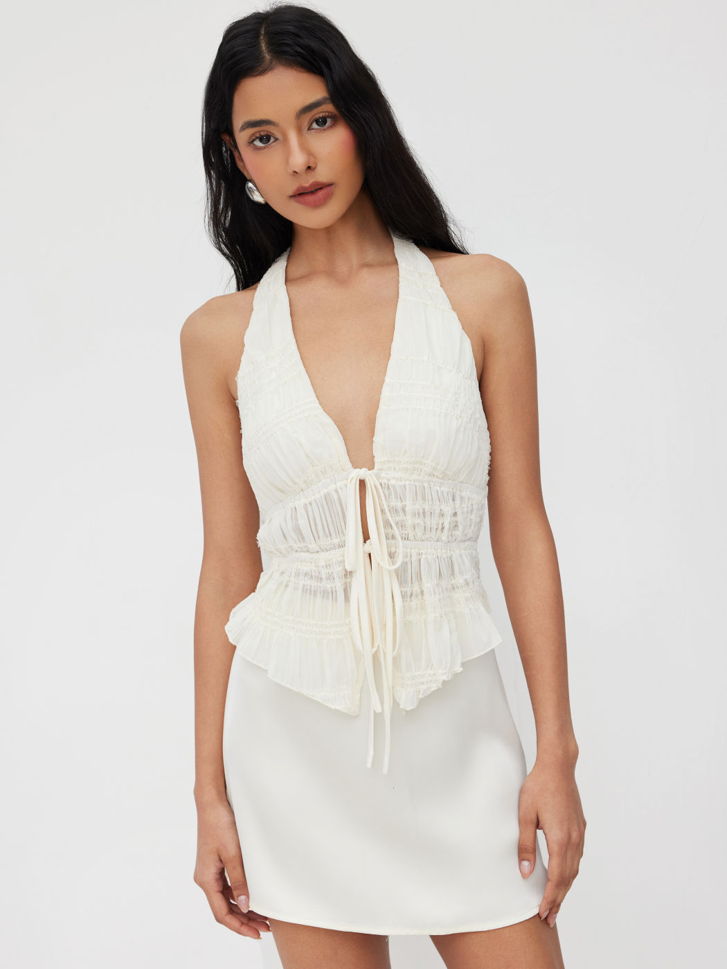 Halter Neckline Tie Front Shirred Ruched Blouse