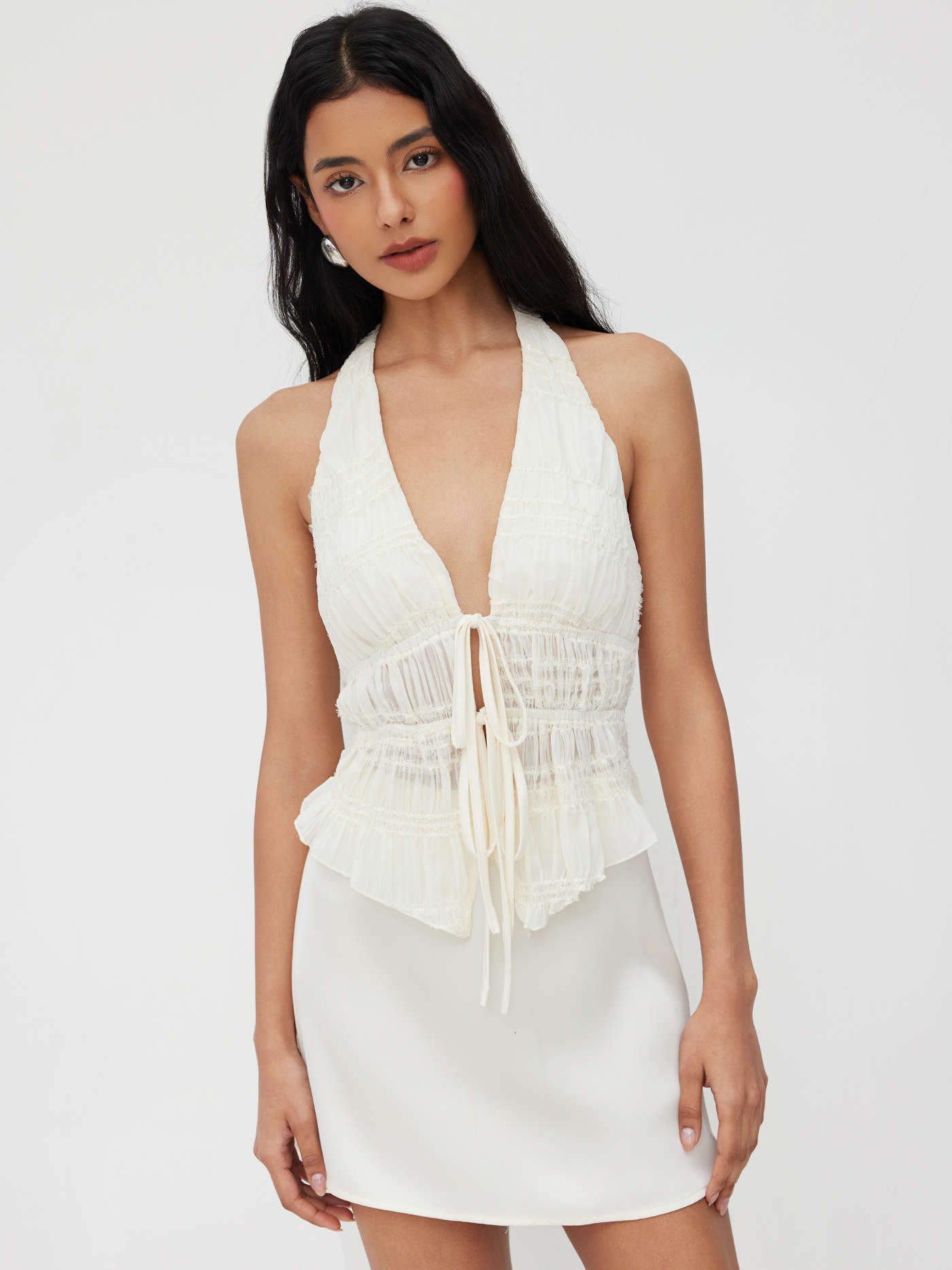 Halter Neckline Tie Front Shirred Ruched Blouse