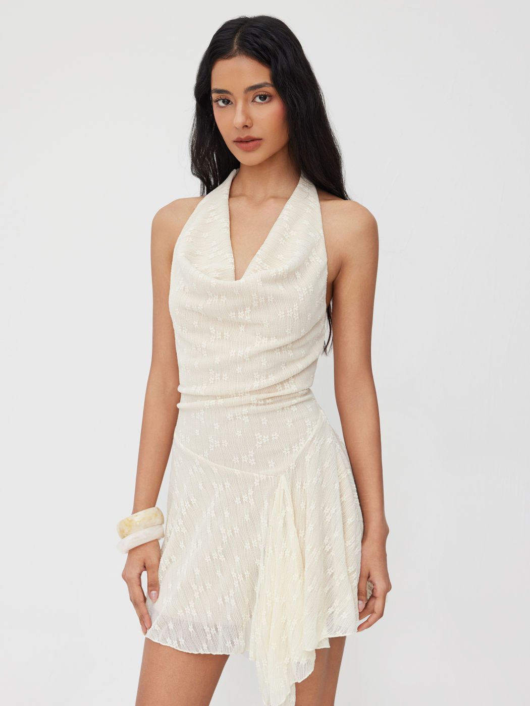 Cowl Halter Neckline Lace Knotted Ruffle Mini Dress