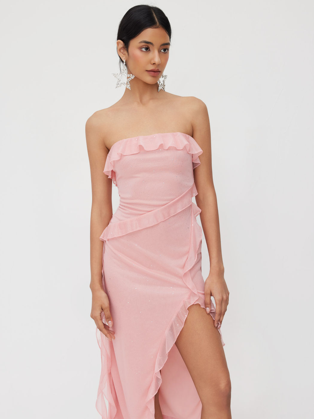 Squin Ruffle Split Bandeau Maxi Dress