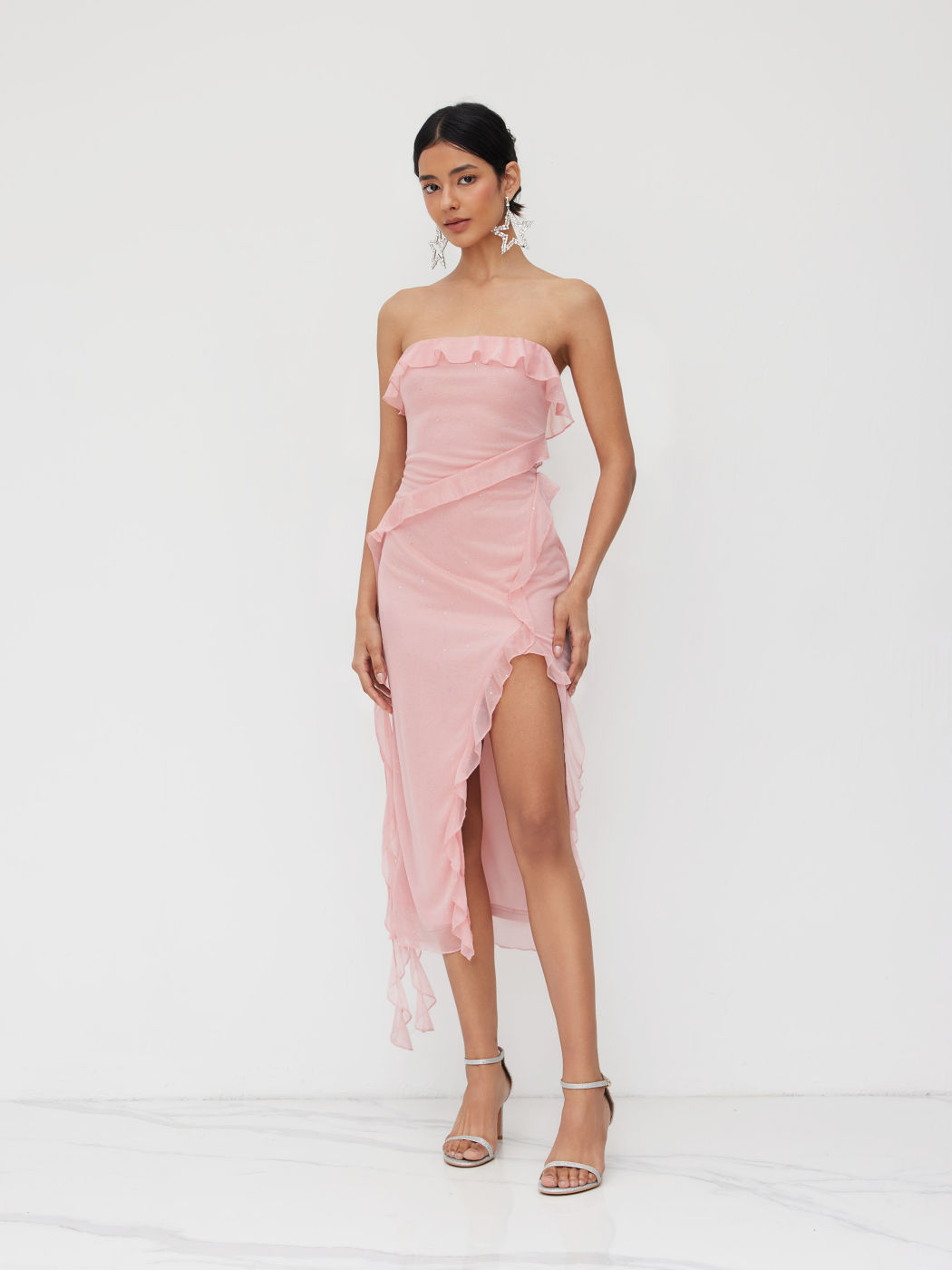 Squin Ruffle Split Bandeau Maxi Dress