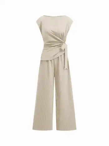 Bootsneck-Streifen-Rusche-Knoten-Overalls mit geraden Beinen