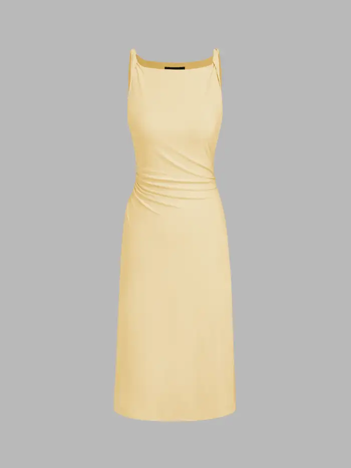 Mesh Asymmetrical Neck Floral Ruched Lettuce Trim Midi Dress