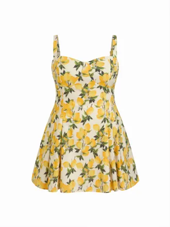 Cotton Sweetheart Neckline Lemon Shirred Mini Dress Curve & Plus