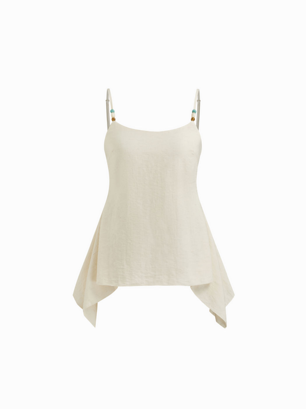 Blusa con volant arricciati e perline in misto lino con scollo rotondo