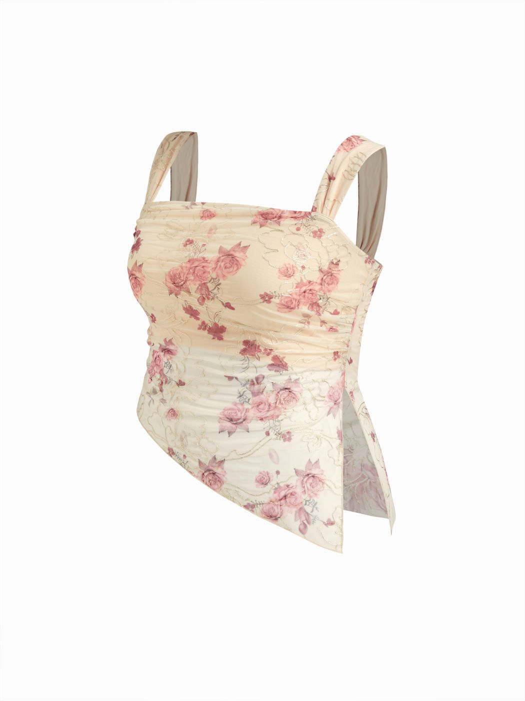 Top a canotta in rete floreale con orlo asimmetrico Curve & Plus