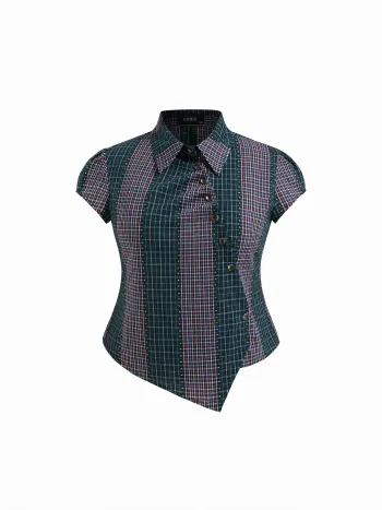 100% Baumwolle asymmetrisches Knopfshirt in zwei Tönen mit Flicken Kurve & Plus