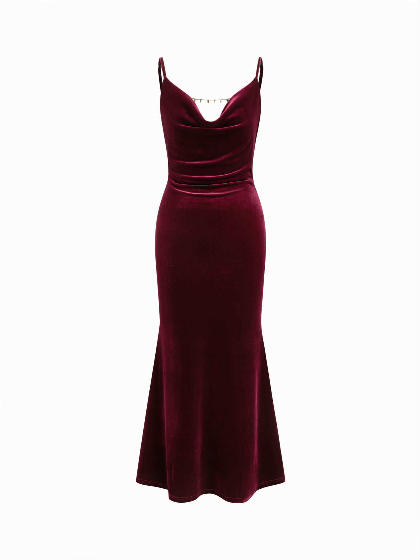 Velvet Cowl Neck Backless Chain Detail Mermaid Maxi Dress