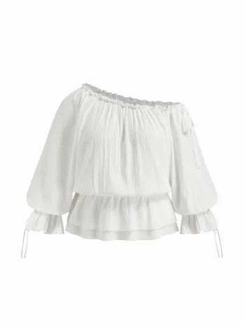 Asymmetrischer Hals, Laternenärmel, geknotete Bluse Kurve & Plus