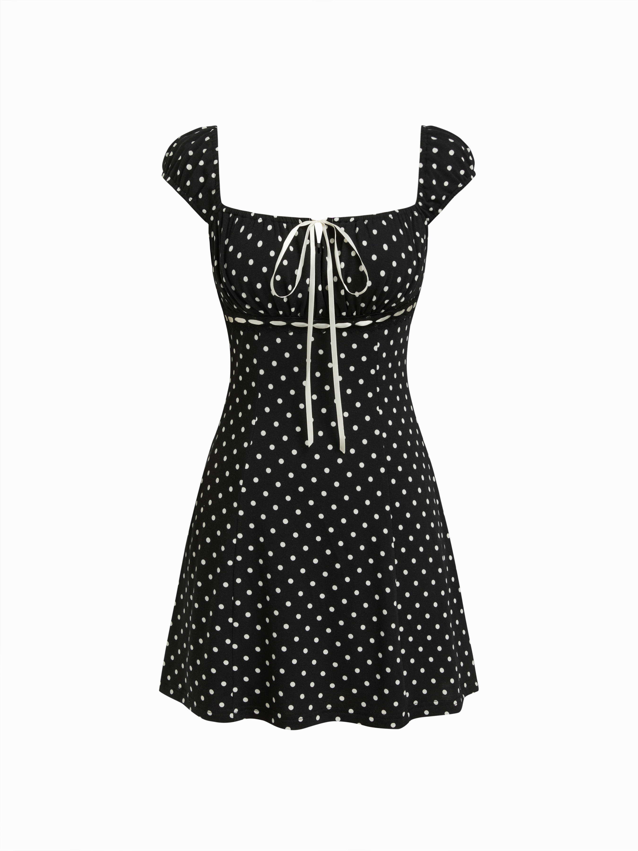Knit Fabric Square Neck Polka Dot Knotted Mini Dress For